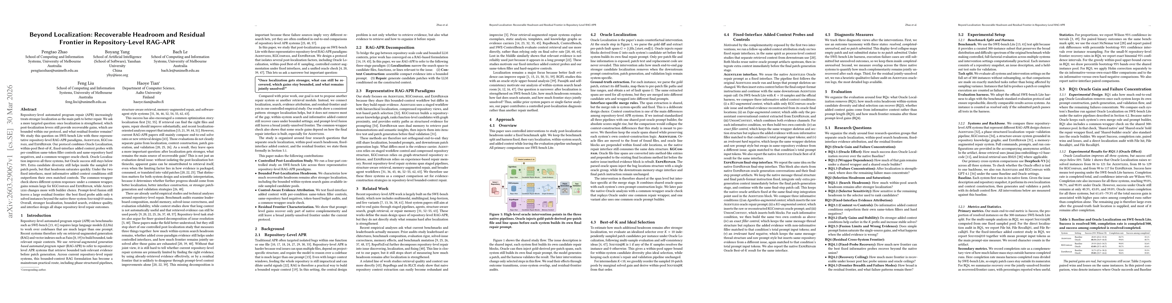 Thumbnail for Beyond Localization: Recoverable Headroom and Residual Frontier in Repository-Level RAG-APR