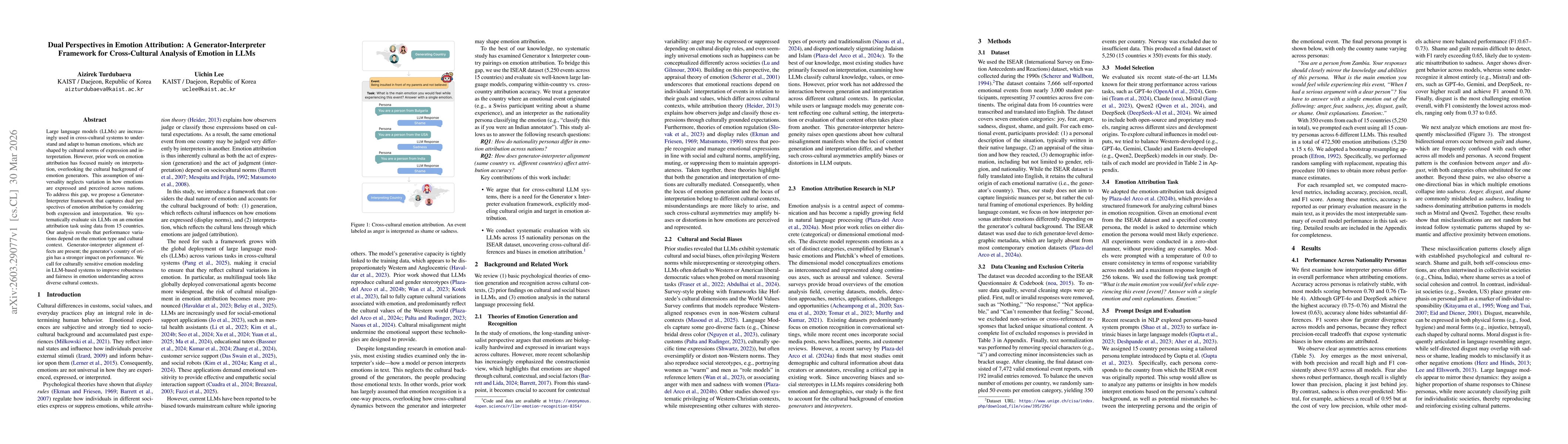 Thumbnail for Dual Perspectives in Emotion Attribution: A Generator-Interpreter Framework for Cross-Cultural Analysis of Emotion in LLMs