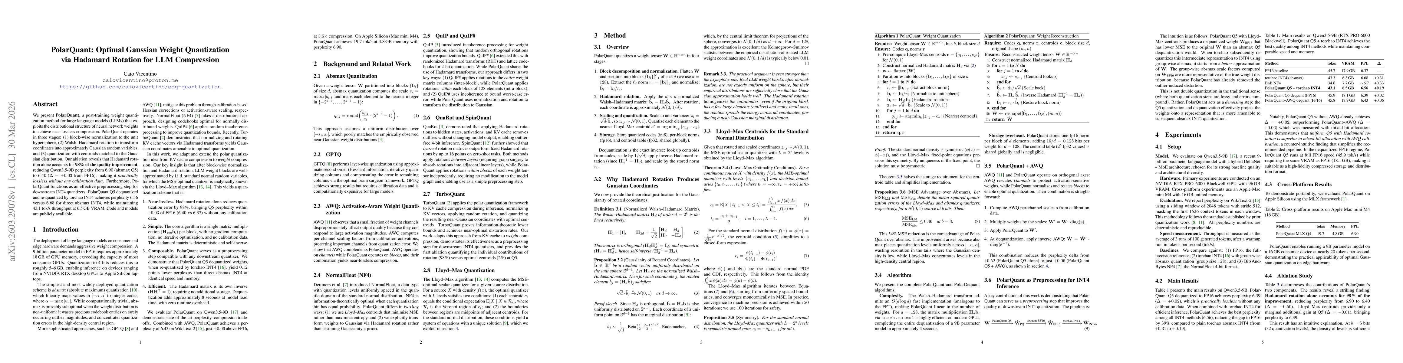 Thumbnail for PolarQuant: Optimal Gaussian Weight Quantization via Hadamard Rotation for LLM Compression