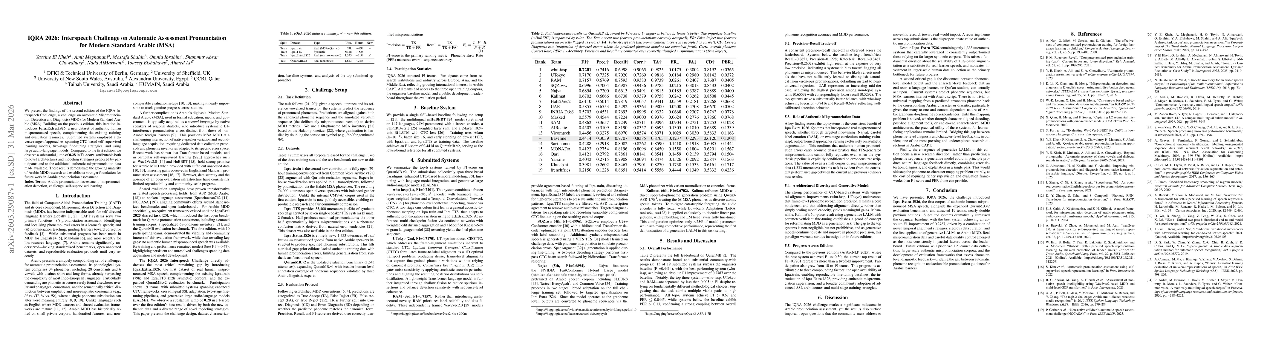 Thumbnail for IQRA 2026: Interspeech Challenge on Automatic Assessment Pronunciation for Modern Standard Arabic (MSA)