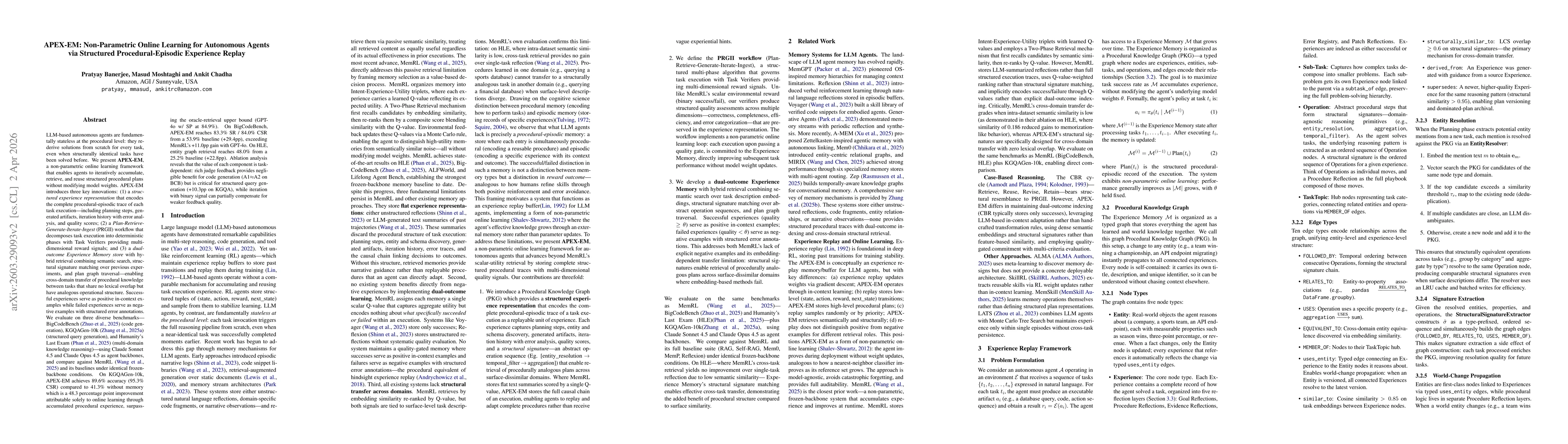 Thumbnail for APEX-EM: Non-Parametric Online Learning for Autonomous Agents via Structured Procedural-Episodic Experience Replay