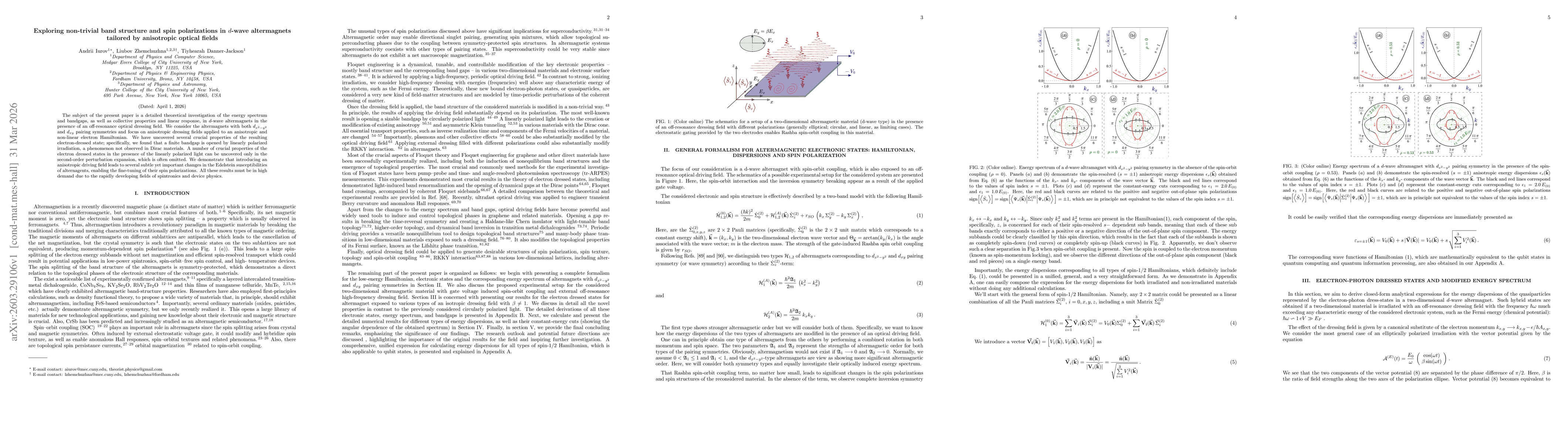 Thumbnail for Exploring non-trivial band structure and spin polarizations in $d$-wave altermagnets tailored by anisotropic optical fields