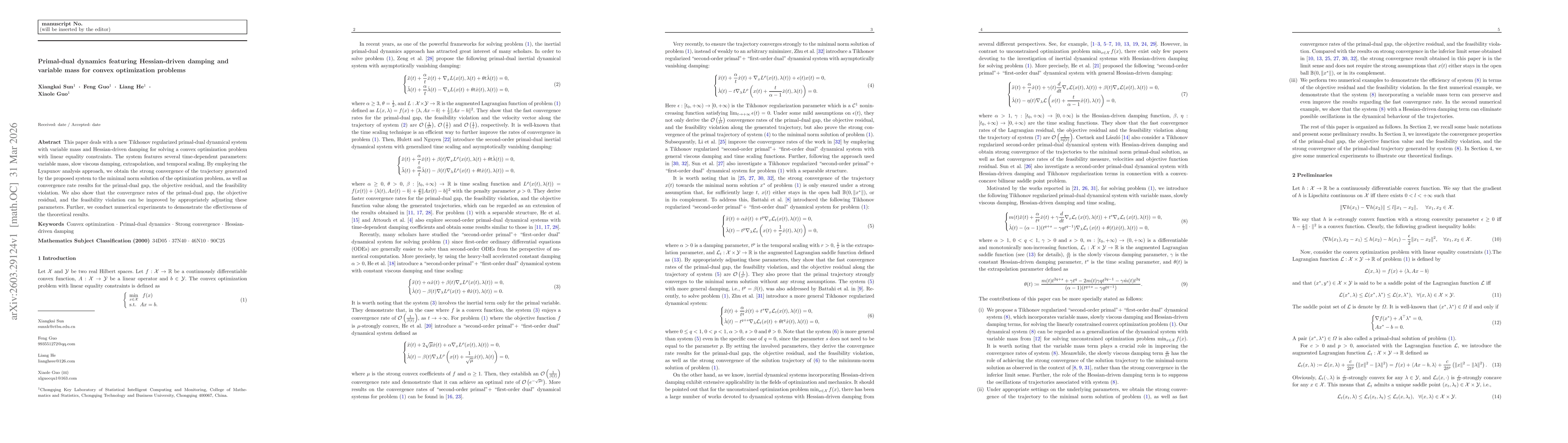 Thumbnail for Primal-dual dynamics featuring Hessian-driven damping and variable mass for convex optimization problems