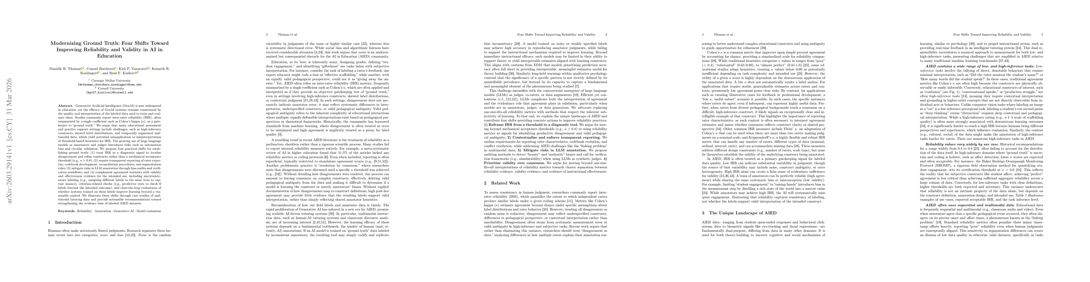 Thumbnail for Modernizing Ground Truth: Four Shifts Toward Improving Reliability and Validity in AI in Education