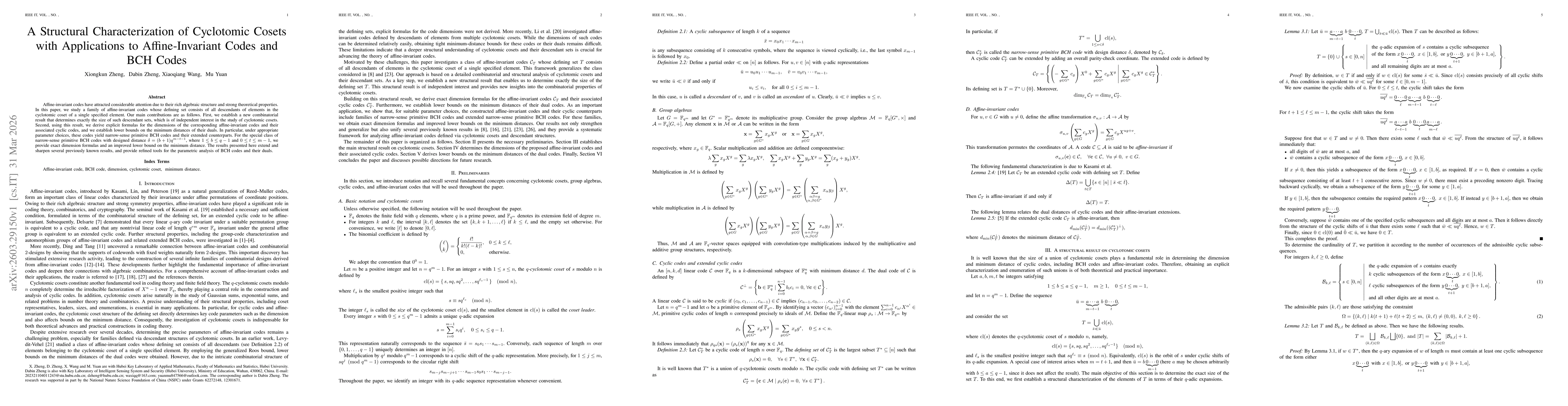 Thumbnail for A Structural Characterization of Cyclotomic Cosets with Applications to Affine-Invariant Codes and BCH Codes
