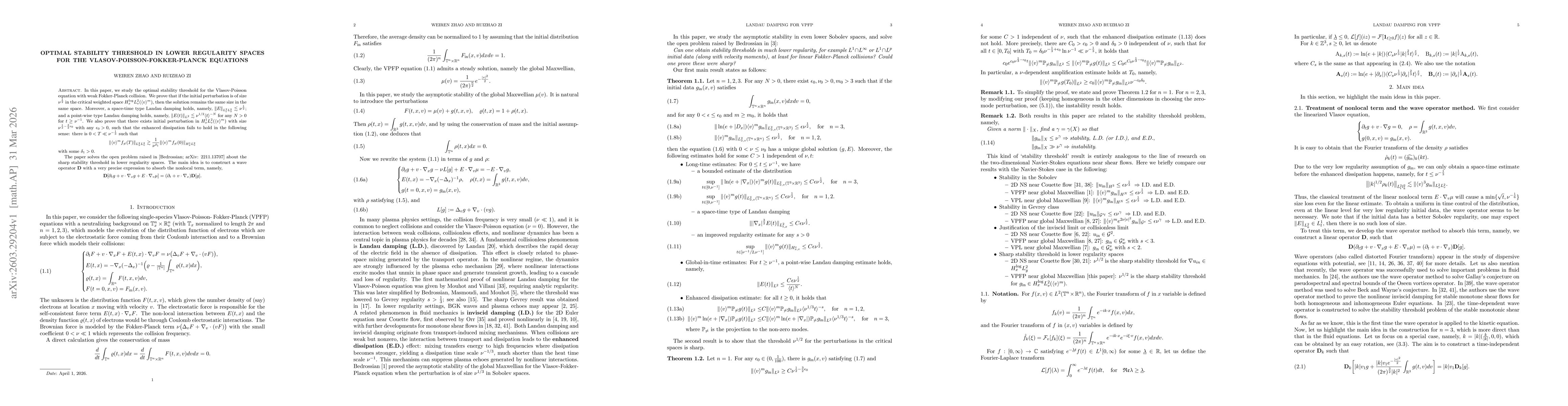 Thumbnail for Optimal stability threshold in lower regularity spaces for the Vlasov-Poisson-Fokker-Planck equations