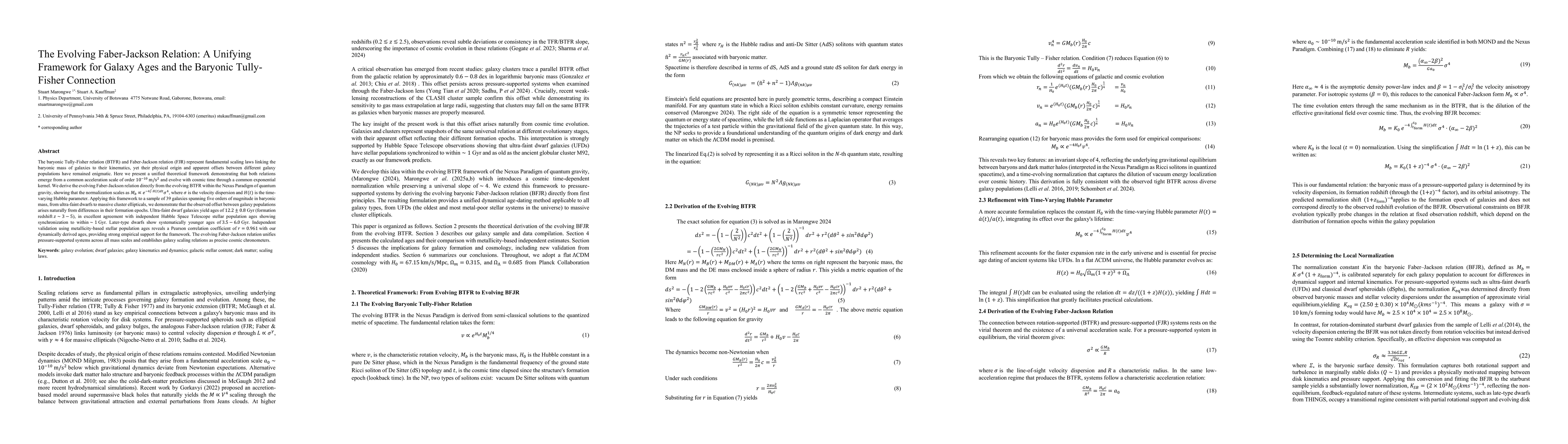 Thumbnail for The Evolving Faber-Jackson Relation: A Unifying Framework for Galaxy Ages and the Baryonic Tully-Fisher Connection