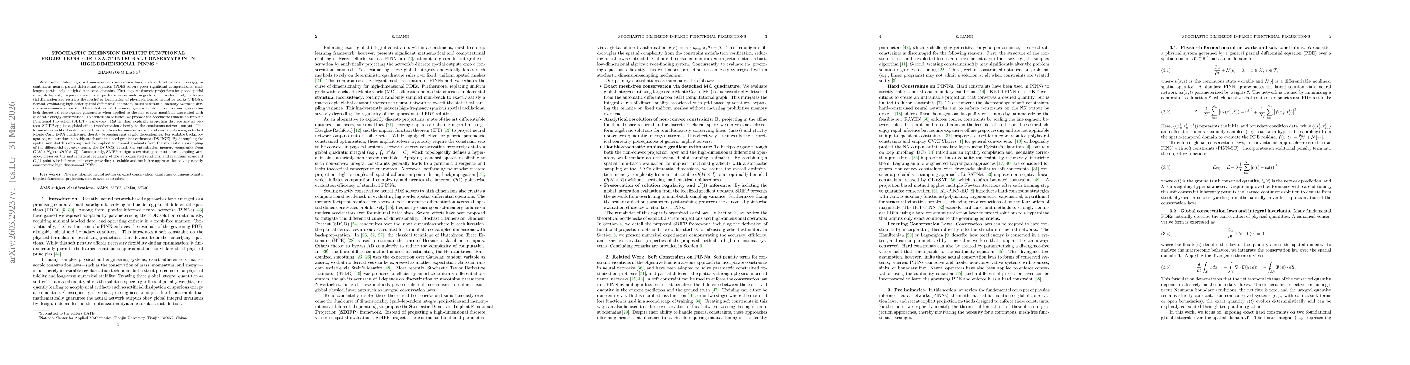 Thumbnail for Stochastic Dimension Implicit Functional Projections for Exact Integral Conservation in High-Dimensional PINNs