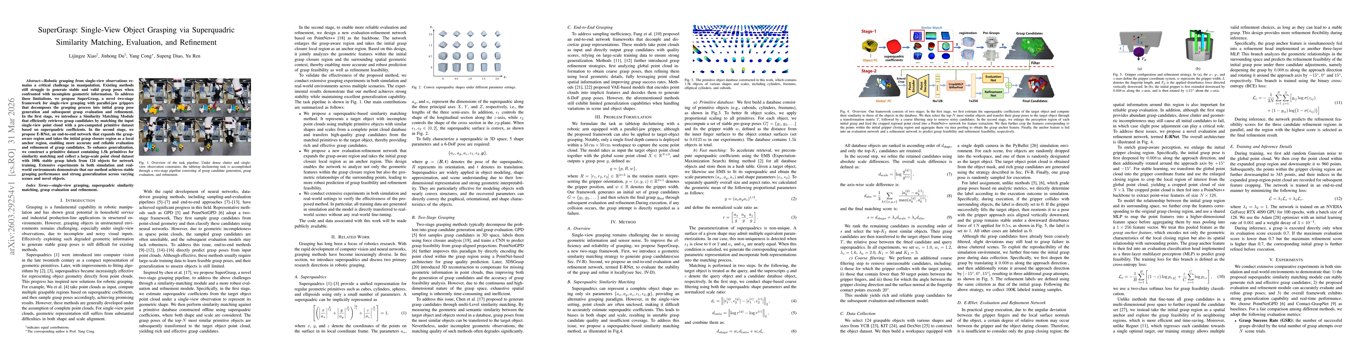 Thumbnail for SuperGrasp: Single-View Object Grasping via Superquadric Similarity Matching, Evaluation, and Refinement