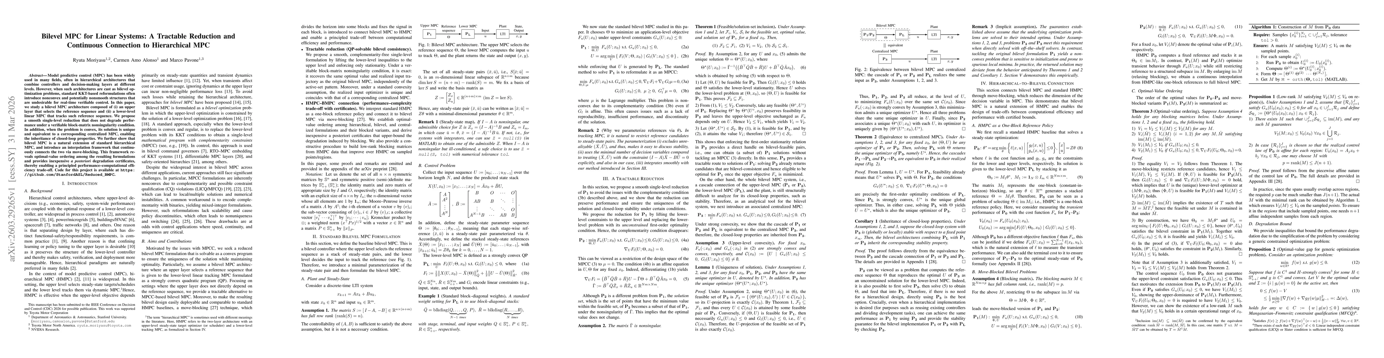 Thumbnail for Bilevel MPC for Linear Systems: A Tractable Reduction and Continuous Connection to Hierarchical MPC