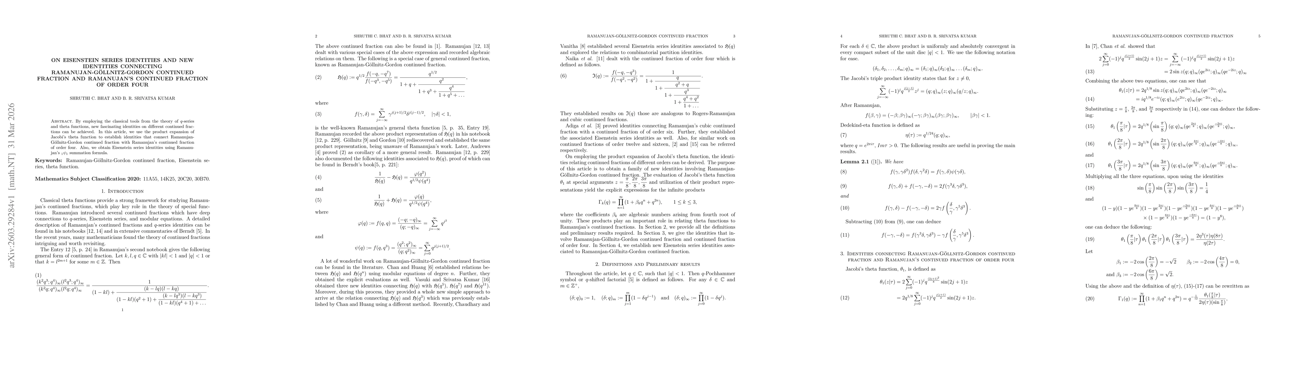Thumbnail for On Eisenstein series identities and new identities connecting Ramanujan-Göllnitz-Gordon continued fraction and Ramanujan's continued fraction of order four