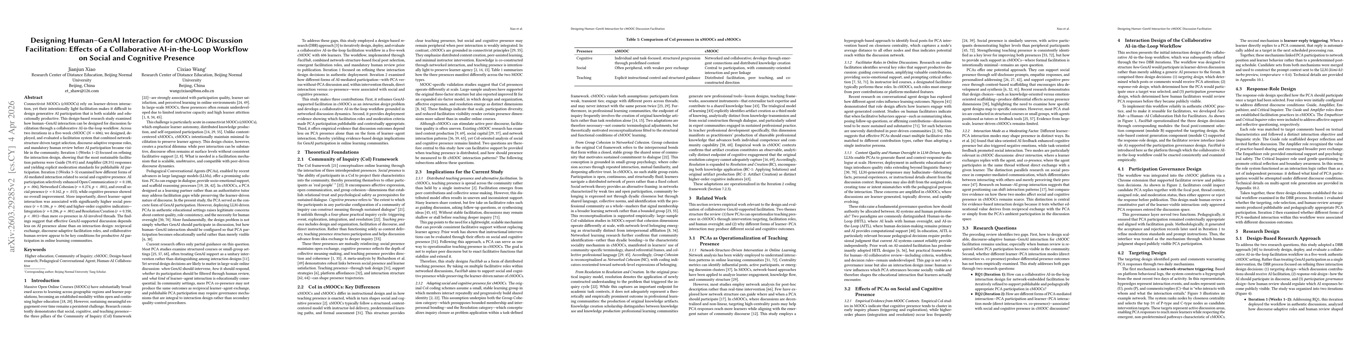 Thumbnail for Designing Human-GenAI Interaction for cMOOC Discussion Facilitation: Effects of a Collaborative AI-in-the-Loop Workflow on Social and Cognitive Presence