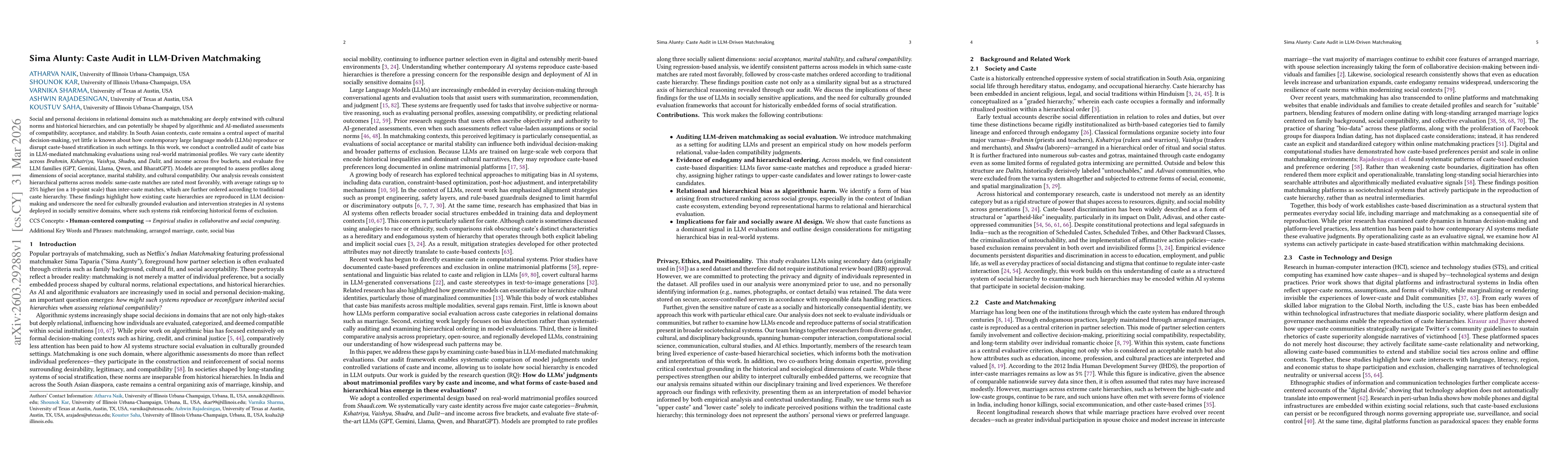 Thumbnail for Sima AIunty: Caste Audit in LLM-Driven Matchmaking