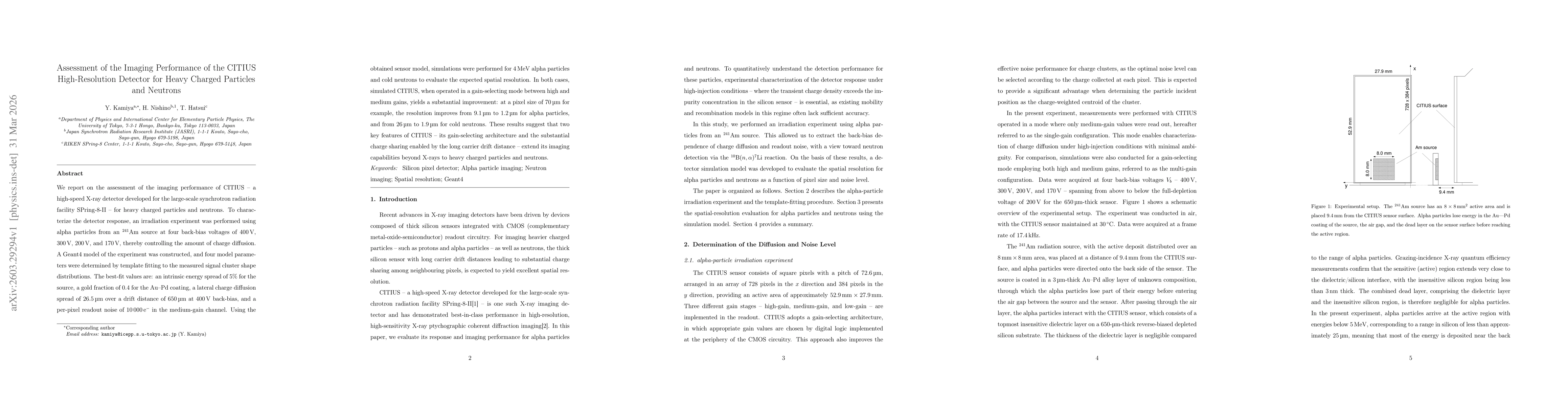Thumbnail for Assessment of the Imaging Performance of the CITIUS High-Resolution Detector for Heavy Charged Particles and Neutrons