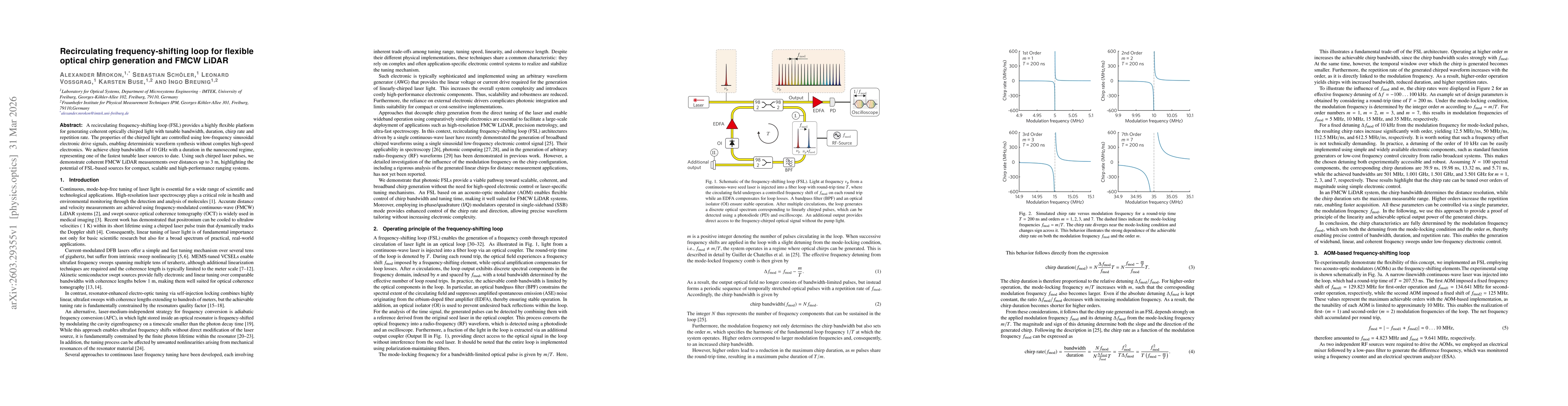 Thumbnail for Recirculating frequency-shifting loop for flexible optical chirp generation and FMCW LiDAR