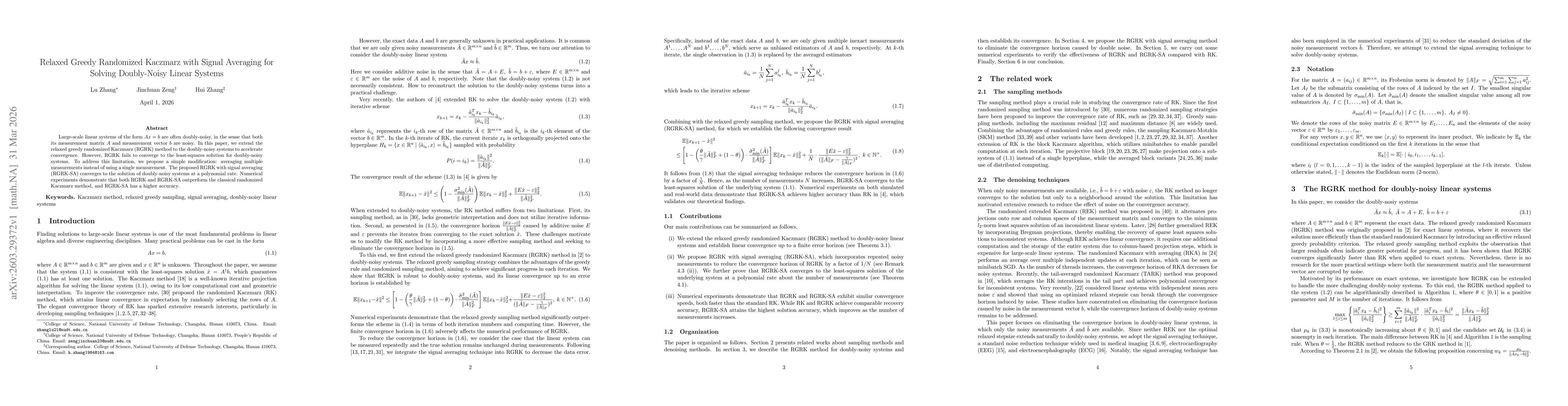 Thumbnail for Relaxed Greedy Randomized Kaczmarz with Signal Averaging for Solving Doubly-Noisy Linear Systems
