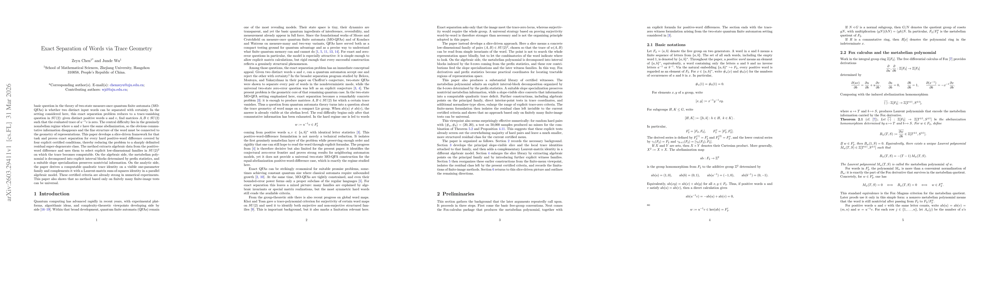 Thumbnail for Exact Separation of Words via Trace Geometry