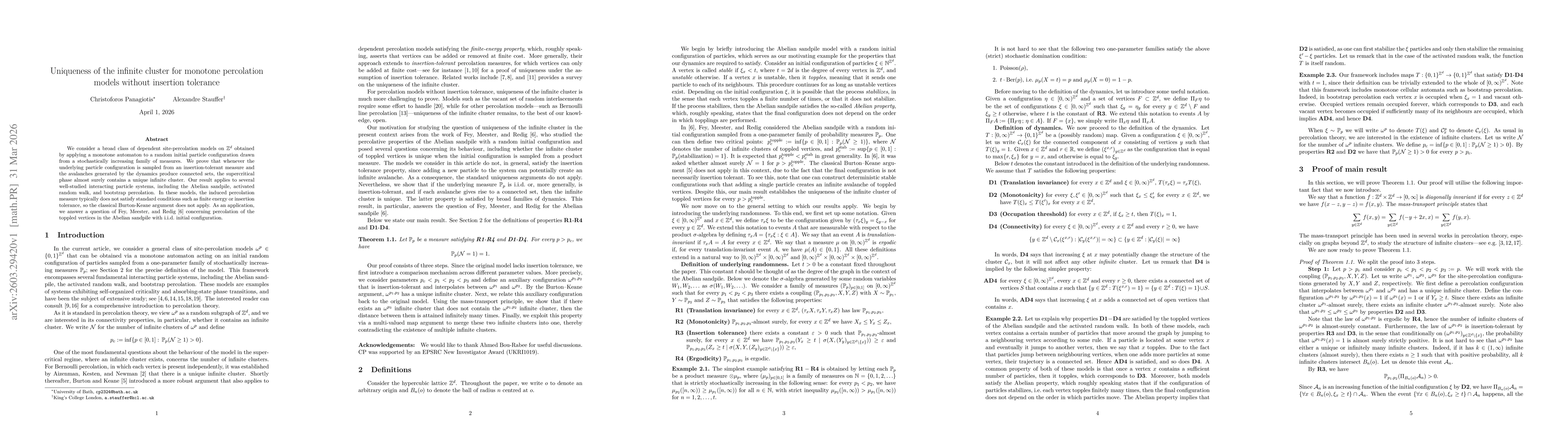 Thumbnail for Uniqueness of the infinite cluster for monotone percolation models without insertion tolerance