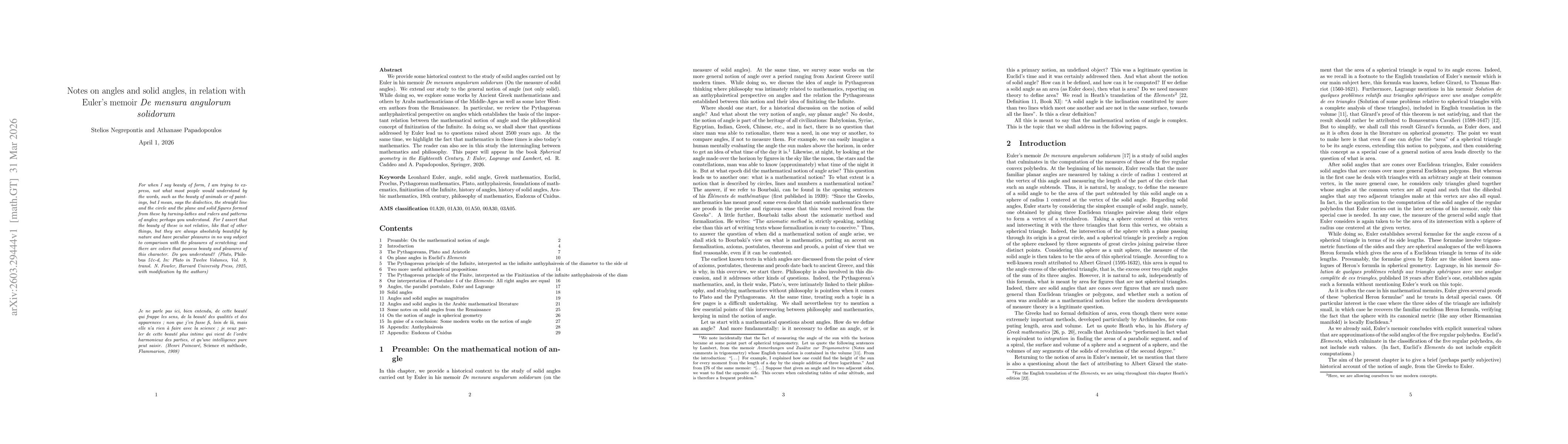 Thumbnail for Notes on angles and solid angles, in relation with Euler's memoir De mensura angulorum solidorum