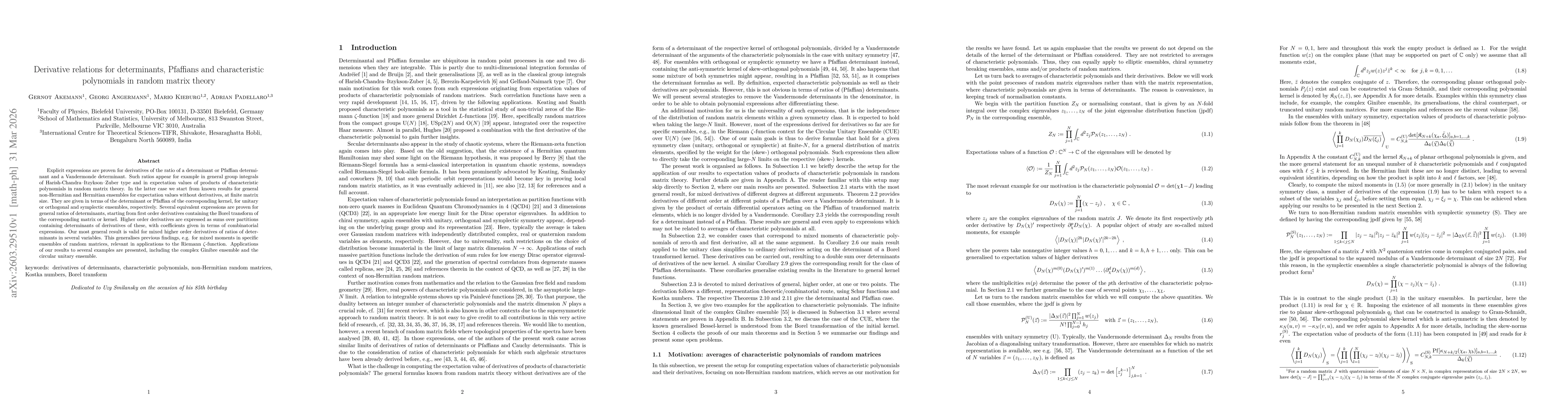 Thumbnail for Derivative relations for determinants, Pfaffians and characteristic polynomials in random matrix theory