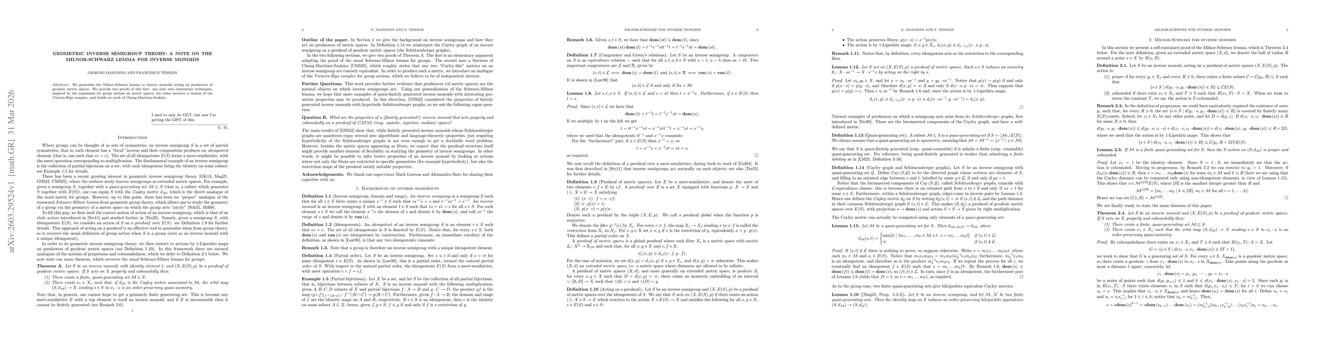 Thumbnail for Geometric Inverse Semigroup Theory: a note on the Milnor-Schwarz Lemma for inverse monoids