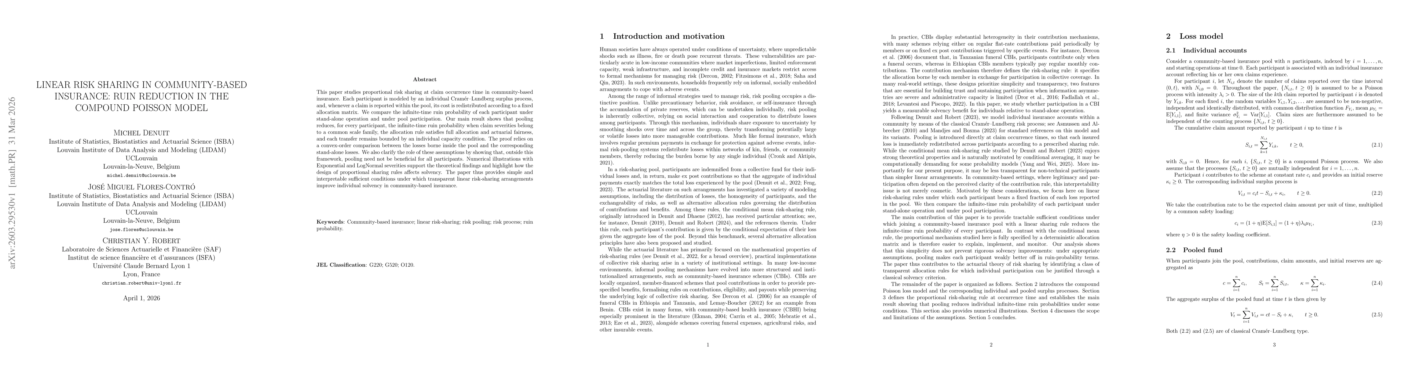 Thumbnail for Linear Risk Sharing in Community-Based Insurance: Ruin Reduction in the Compound Poisson Model