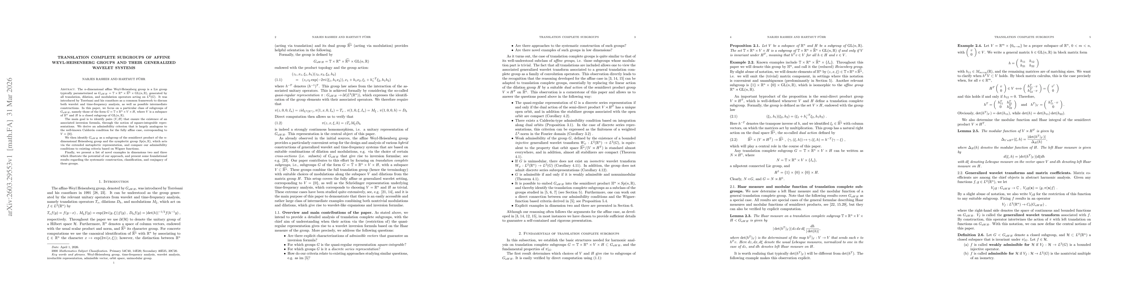 Thumbnail for Translation complete subgroups of affine Weyl-Heisenberg groups and their generalized wavelet systems