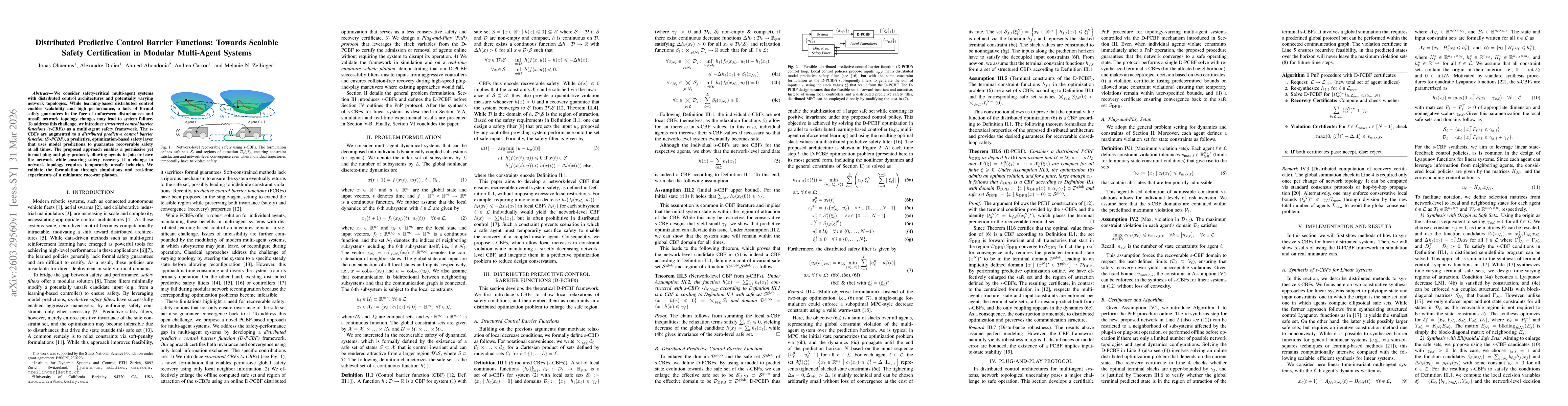 Thumbnail for Distributed Predictive Control Barrier Functions: Towards Scalable Safety Certification in Modular Multi-Agent Systems