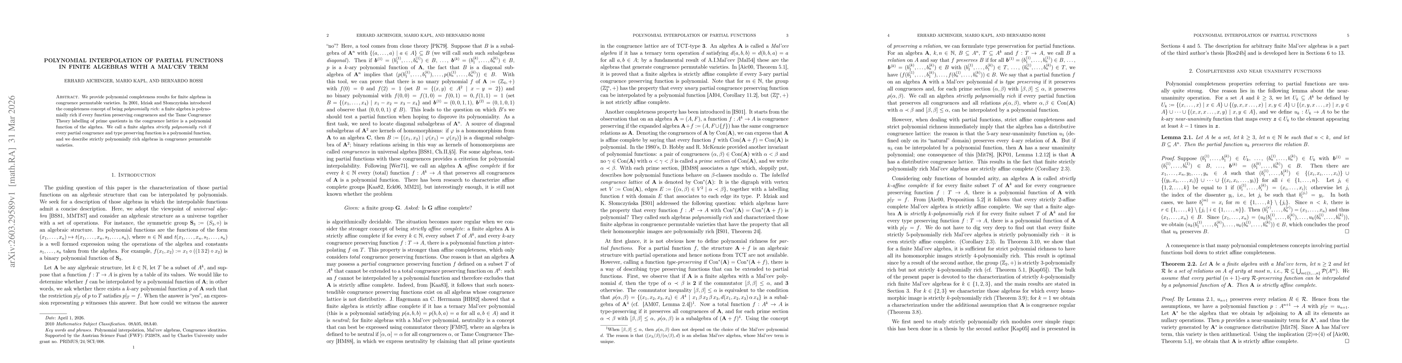 Thumbnail for Polynomial interpolation of partial functions in finite algebras with a Mal'cev term