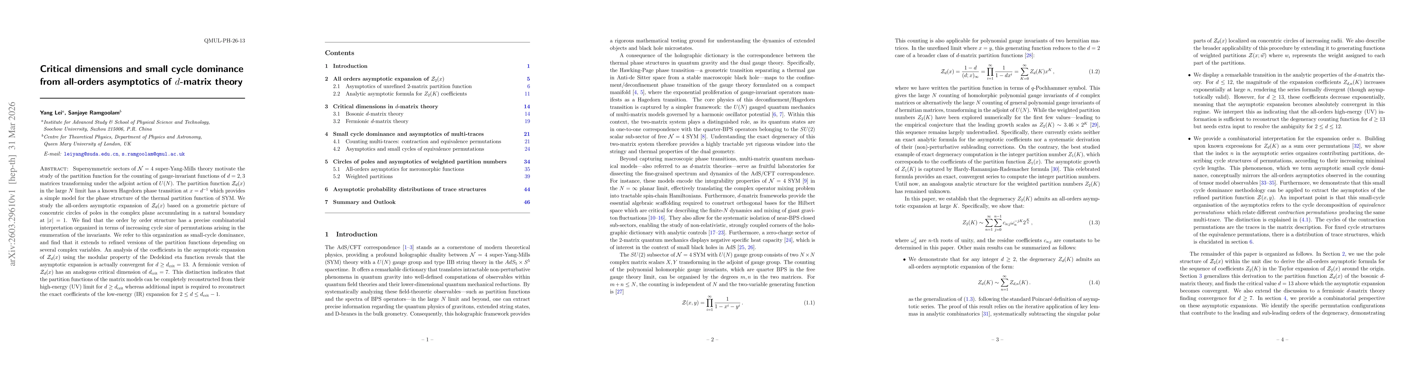 Thumbnail for Critical dimensions and small cycle dominance from all-orders asymptotics of $d$-matrix theory
