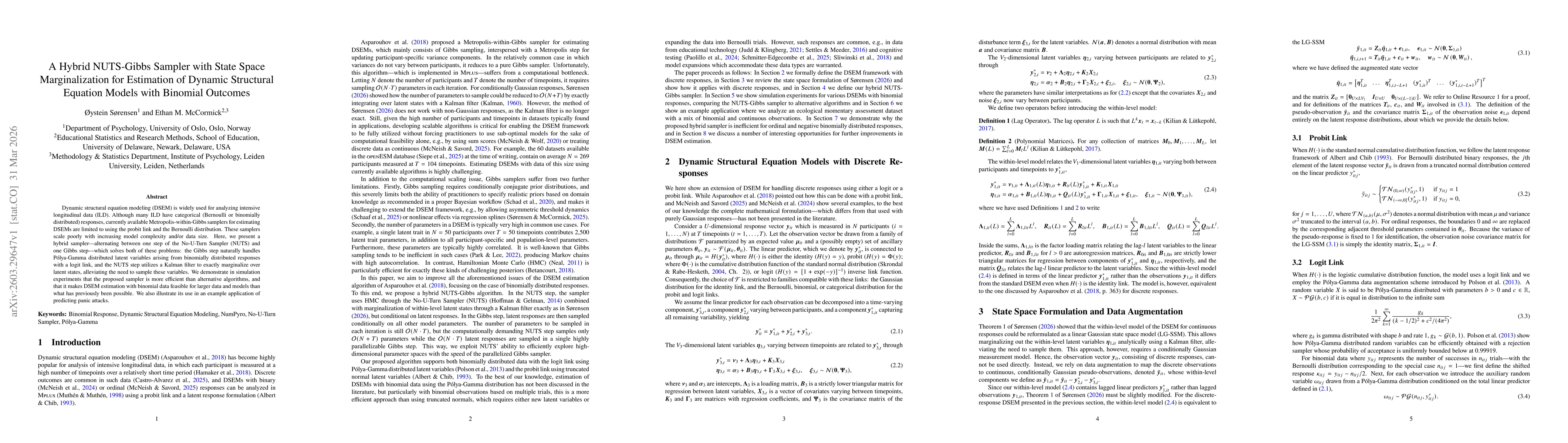Thumbnail for A Hybrid NUTS-Gibbs Sampler with State Space Marginalization for Estimation of Dynamic Structural Equation Models with Binomial Outcomes