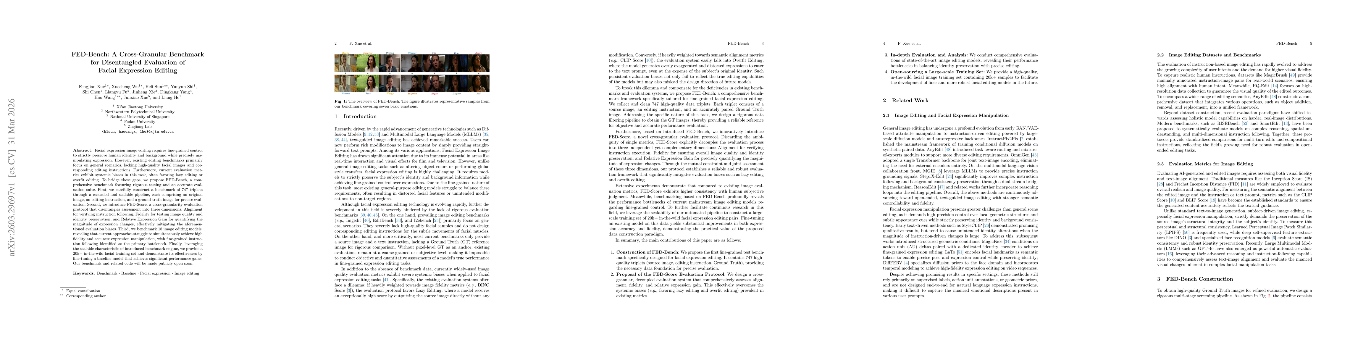 Thumbnail for FED-Bench: A Cross-Granular Benchmark for Disentangled Evaluation of Facial Expression Editing