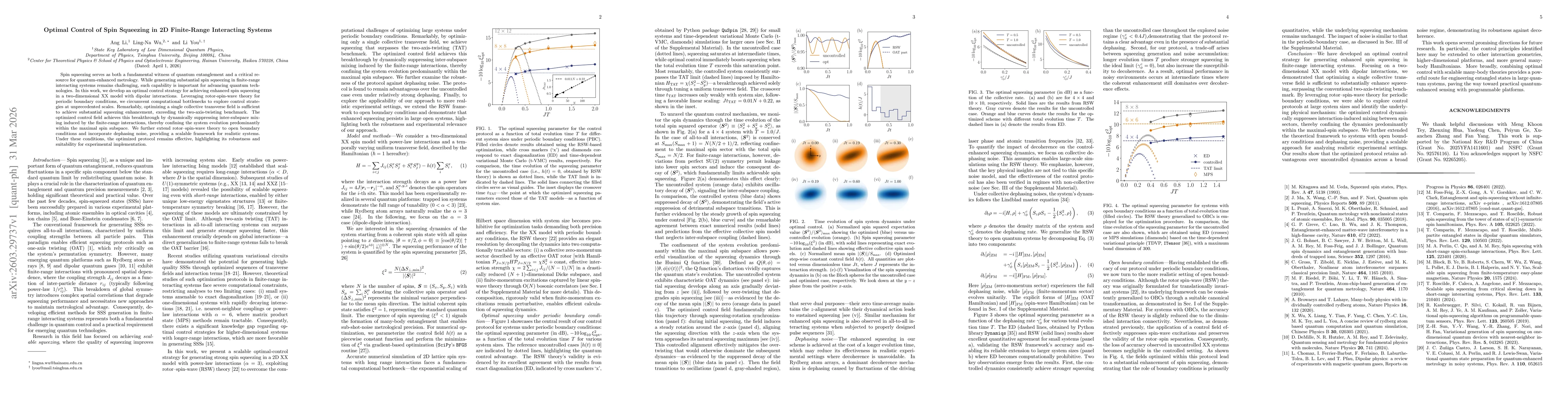 Thumbnail for Optimal Control of Spin Squeezing in 2D Finite-Range Interacting Systems