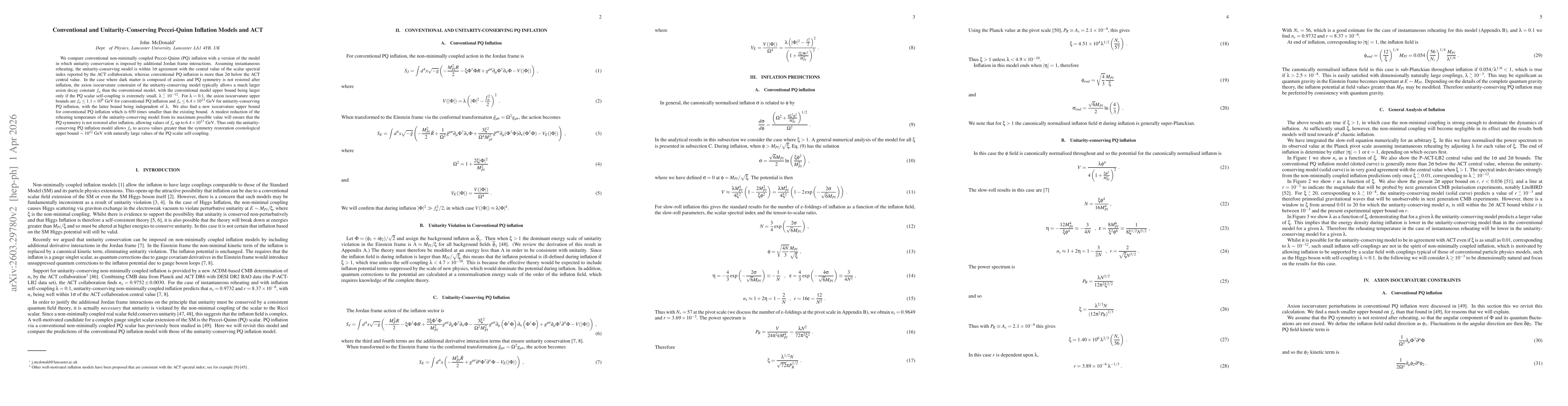 Thumbnail for Conventional and Unitarity-Conserving Pecci-Quinn Inflation Models and ACT