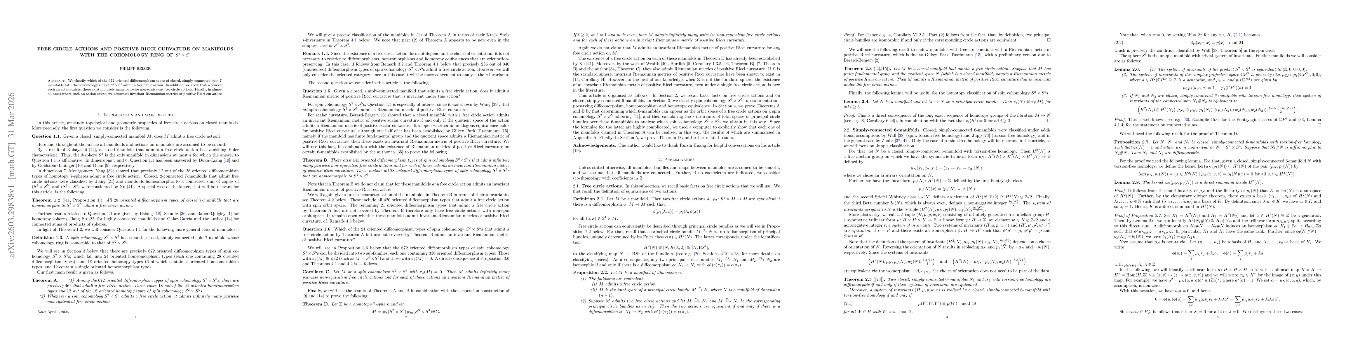 Thumbnail for Free circle actions and positive Ricci curvature on manifolds with the cohomology ring of $S^2\times S^5$
