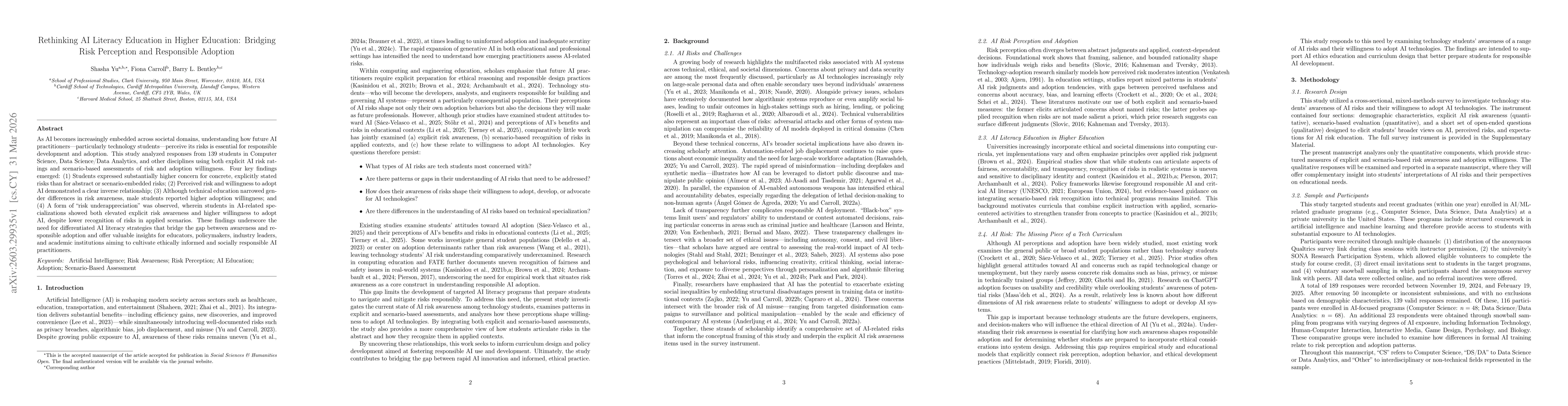 Thumbnail for Rethinking AI Literacy Education in Higher Education: Bridging Risk Perception and Responsible Adoption