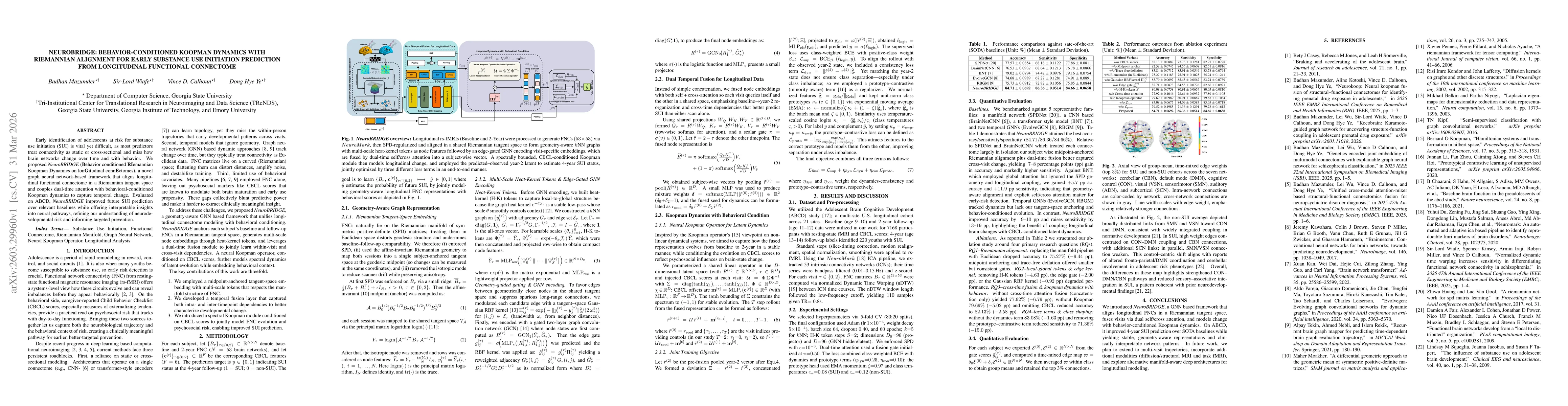 Thumbnail for NeuroBRIDGE: Behavior-Conditioned Koopman Dynamics with Riemannian Alignment for Early Substance Use Initiation Prediction from Longitudinal Functional Connectome