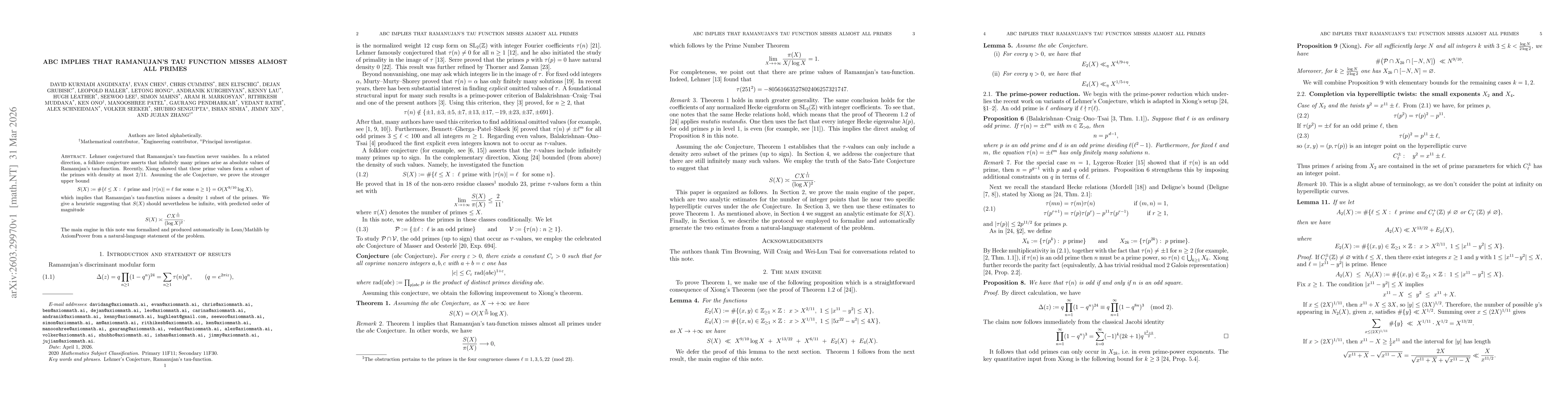 Thumbnail for ABC implies that Ramanujan's tau function misses almost all primes