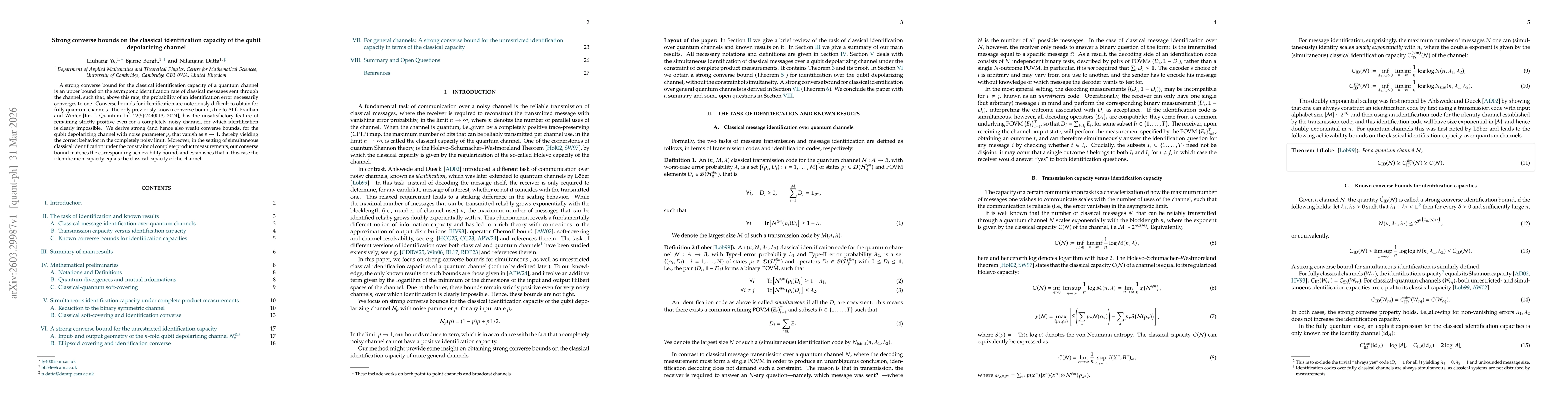 Thumbnail for Strong converse bounds on the classical identification capacity of the qubit depolarizing channel