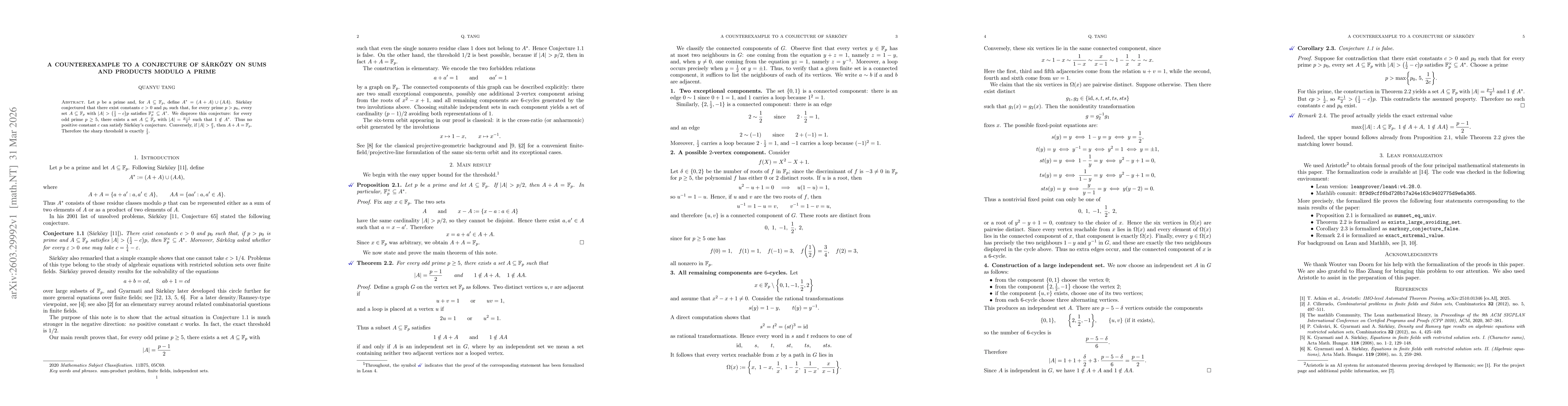 Thumbnail for A counterexample to a conjecture of Sárközy on sums and products modulo a prime