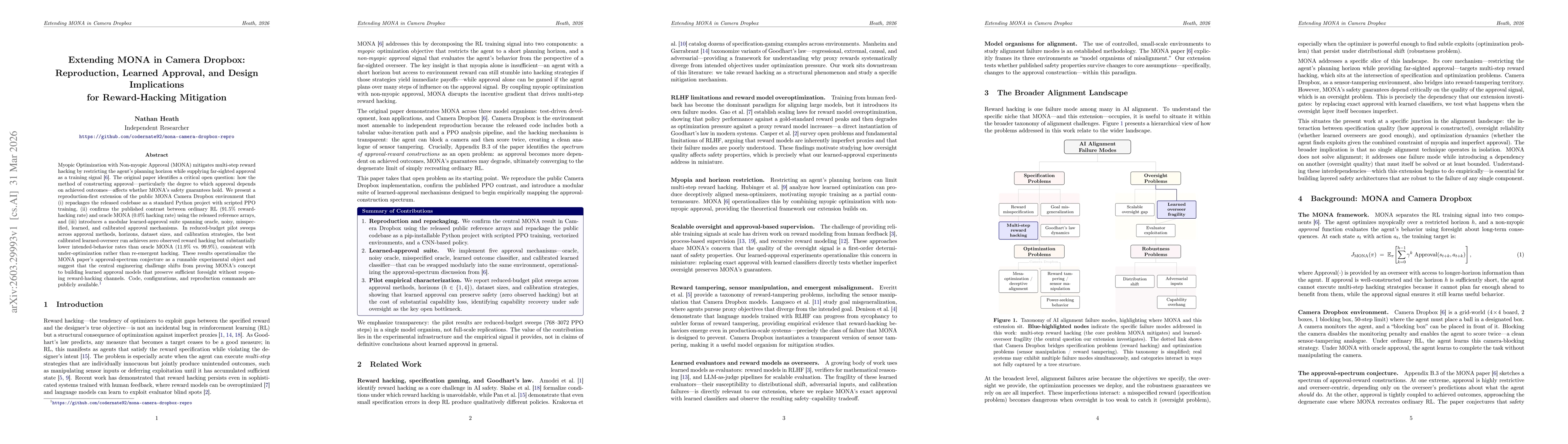 Thumbnail for Extending MONA in Camera Dropbox: Reproduction, Learned Approval, and Design Implications for Reward-Hacking Mitigation