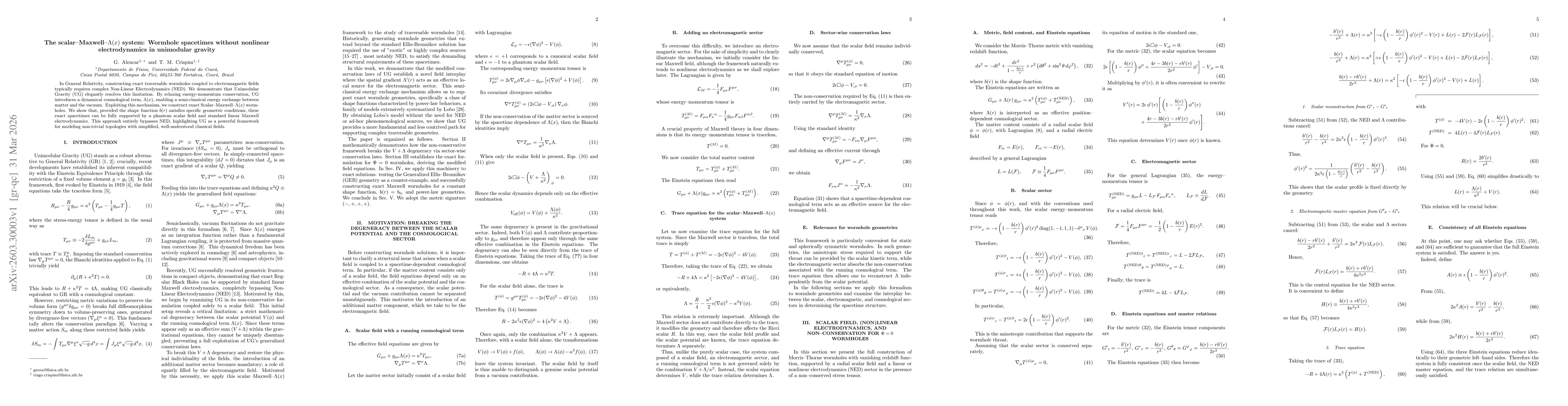 Thumbnail for The scalar--Maxwell--$Λ(x)$ system: Wormhole spacetimes without nonlinear electrodynamics in unimodular gravity