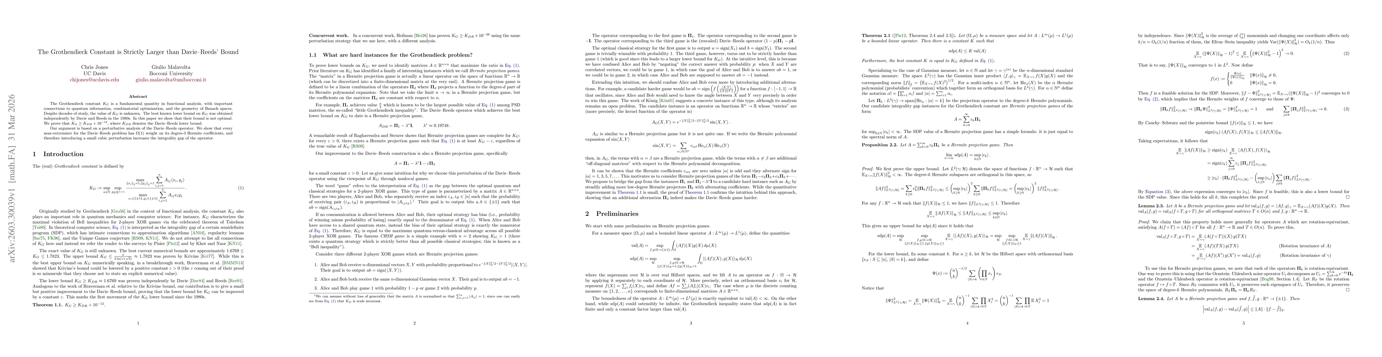 Thumbnail for The Grothendieck Constant is Strictly Larger than Davie-Reeds' Bound
