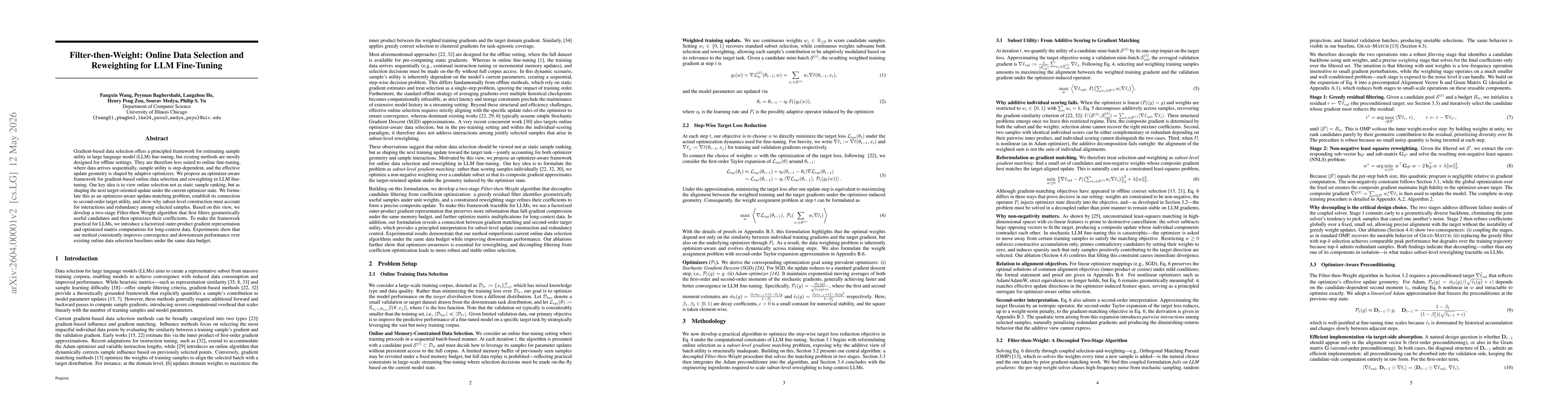 Thumbnail for Filter-then-Weight: Online Data Selection and Reweighting for LLM Fine-Tuning