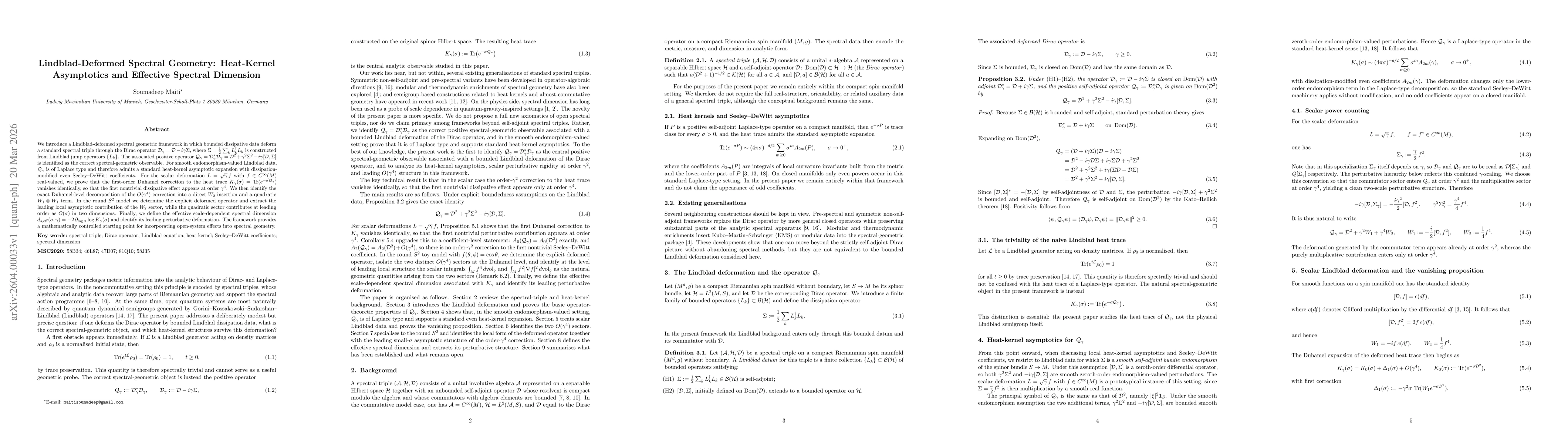 Thumbnail for Lindblad-Deformed Spectral Geometry: Heat-Kernel Asymptotics and Effective Spectral Dimension