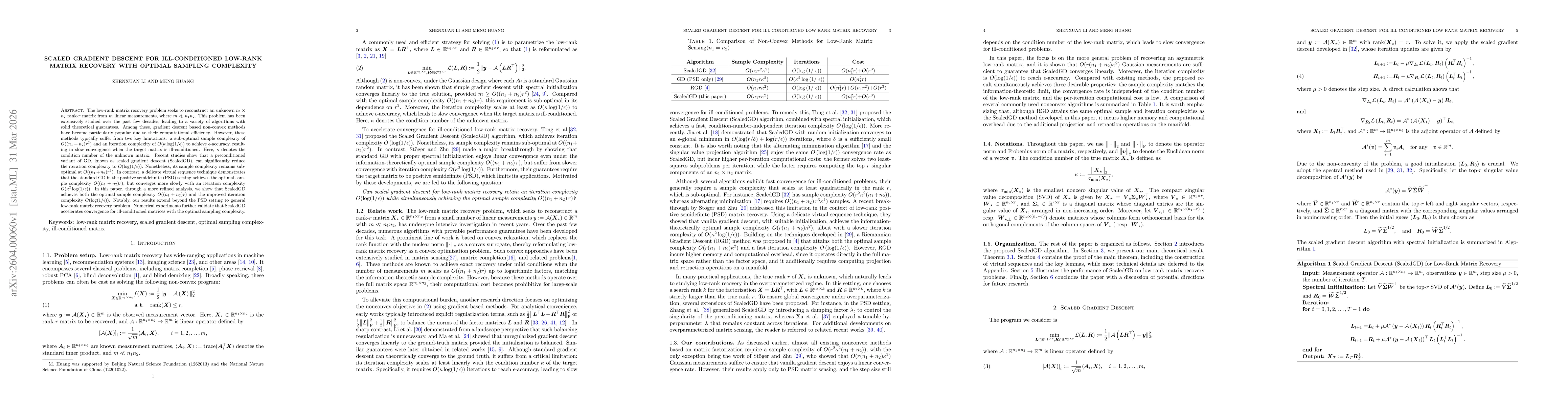 Thumbnail for Scaled Gradient Descent for Ill-Conditioned Low-Rank Matrix Recovery with Optimal Sampling Complexity