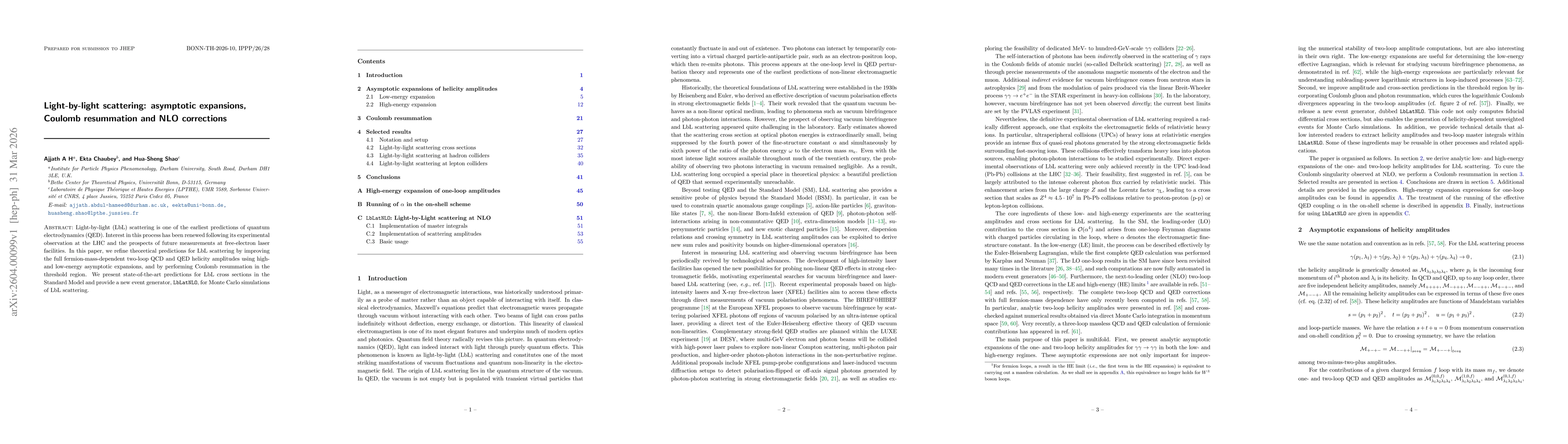 Thumbnail for Light-by-light scattering: asymptotic expansions, Coulomb resummation and NLO corrections