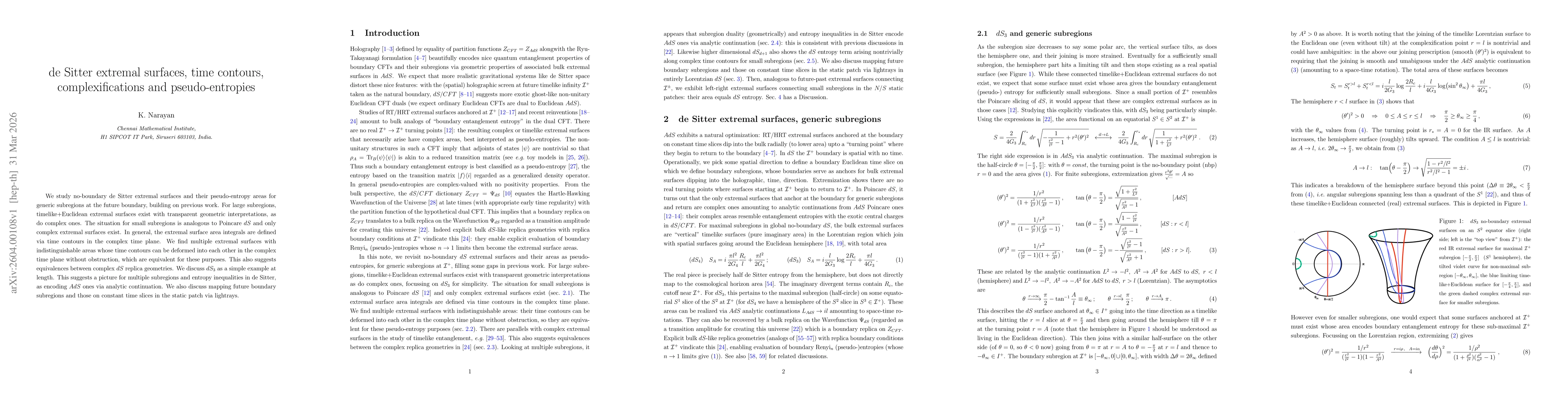 Thumbnail for de Sitter extremal surfaces, time contours, complexifications and pseudo-entropies