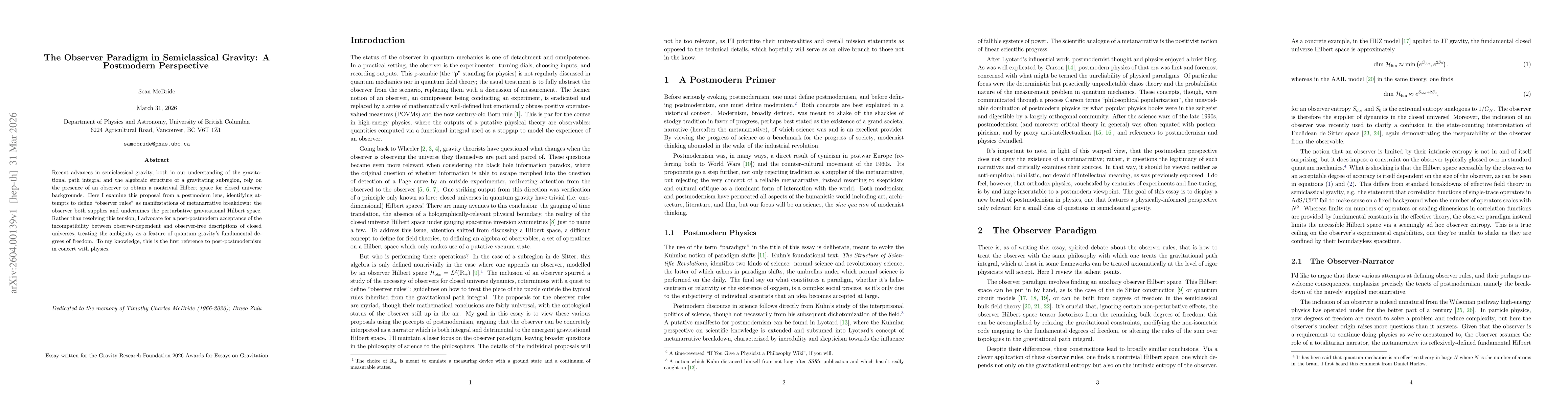 Thumbnail for The Observer Paradigm in Semiclassical Gravity: A Postmodern Perspective