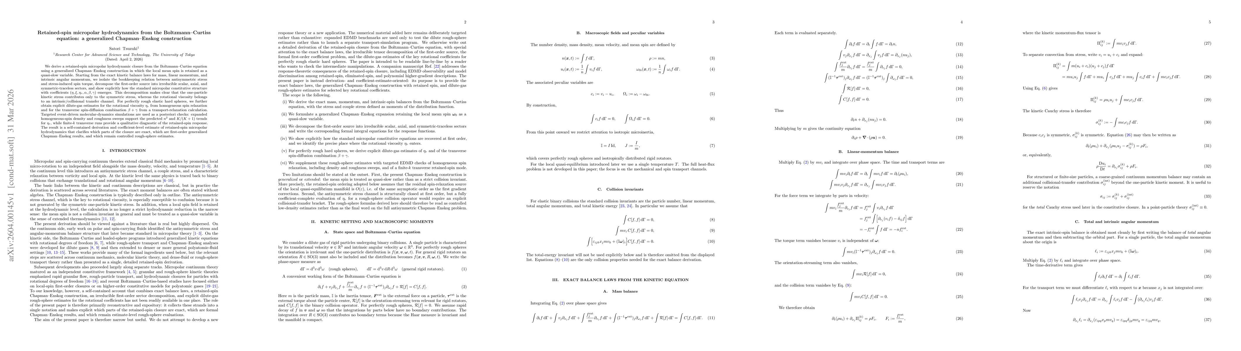 Thumbnail for Retained-spin micropolar hydrodynamics from the Boltzmann--Curtiss equation: a generalized Chapman--Enskog construction